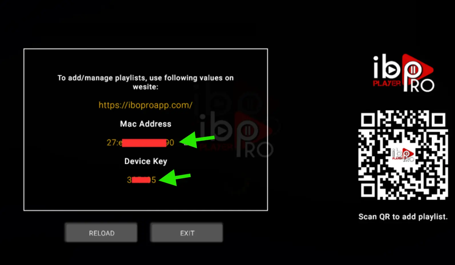 IBO Player Pro main screen with MAC address and Device Key